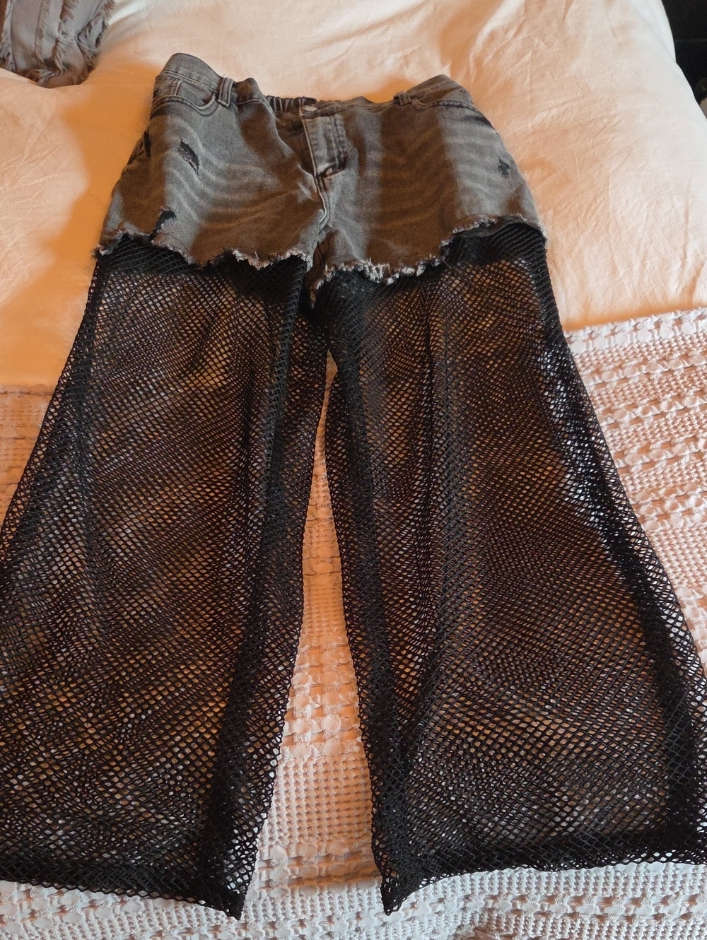 SHEIN Gray Distressed Denim Shorts with Black Mesh Wide-Leg Panels 1xl